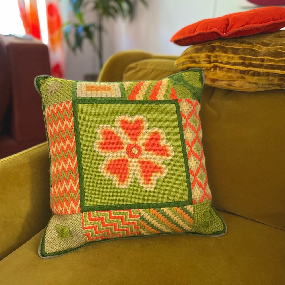 70s Flower Power Needlepoint Throw Pillow